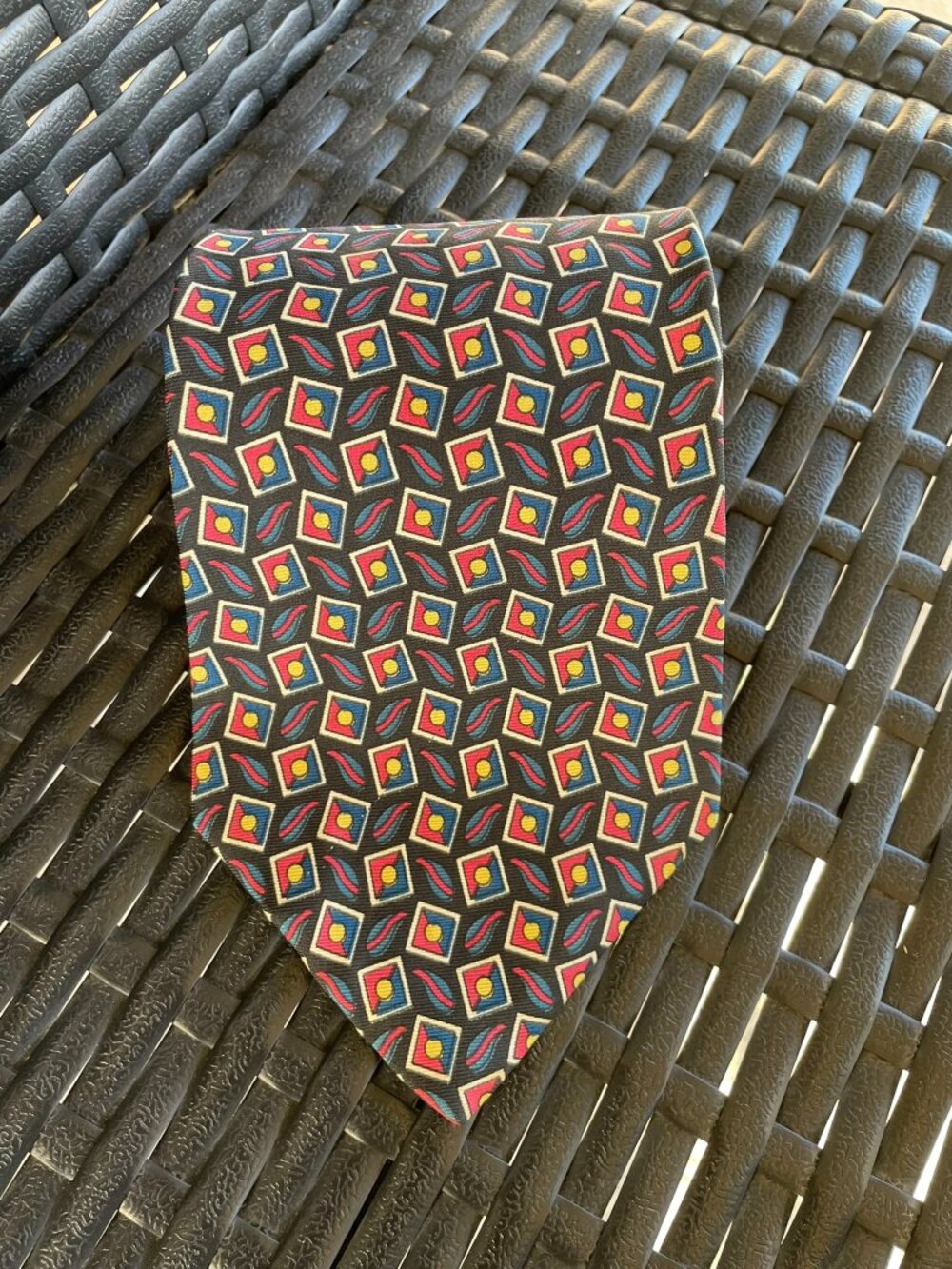 Stafford Black Geometric Necktie Red Blue Yellow Retro Mens Neck Tie